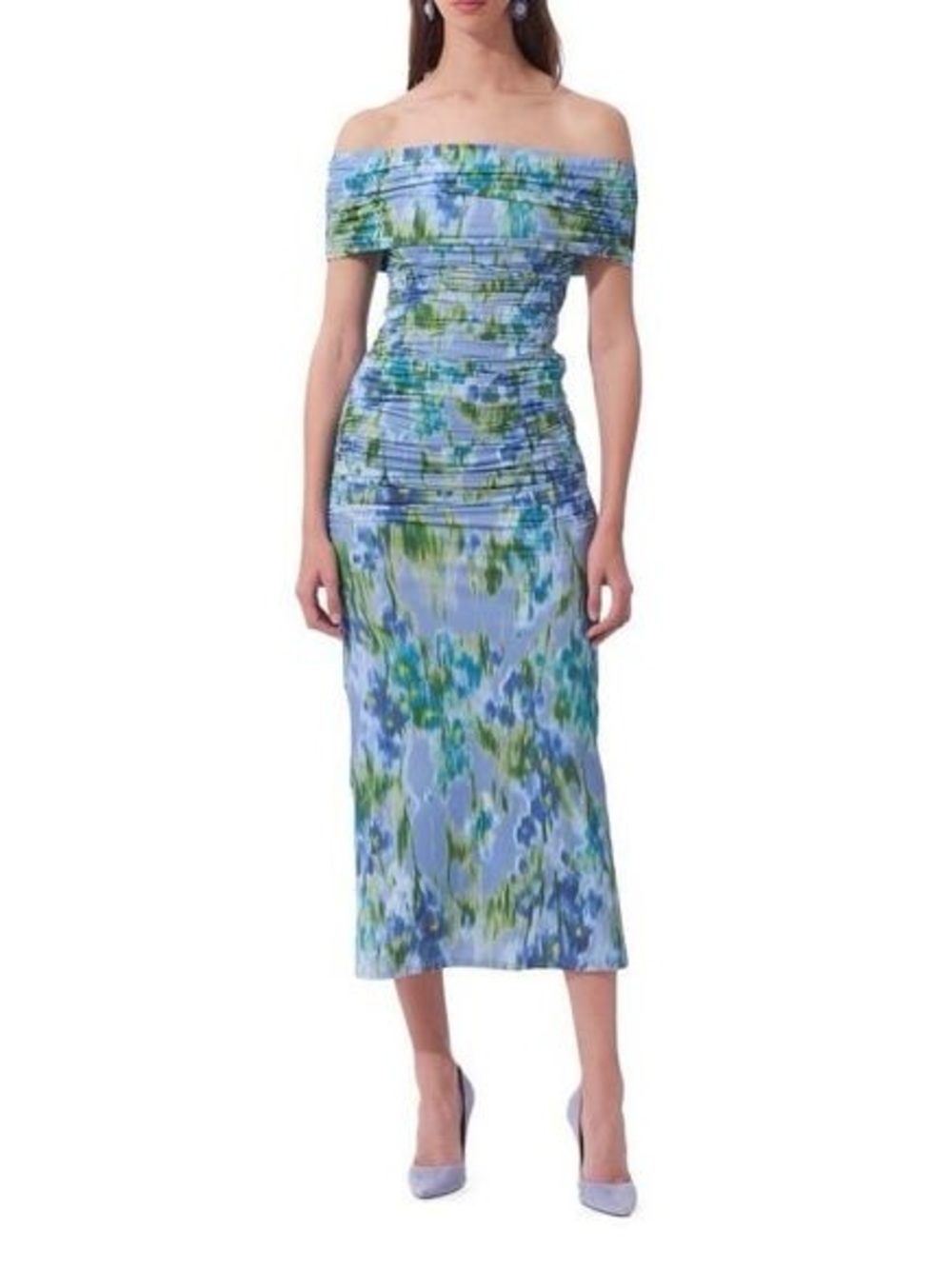 Carolina Herrera Blue & Green Ruched Off-Shoulder Floral Midi Dress